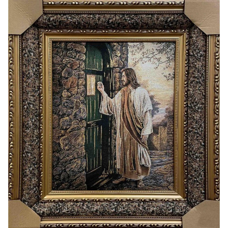 Fleur De Lis Living Jesus Knocking On Green Door Framed Tapestry